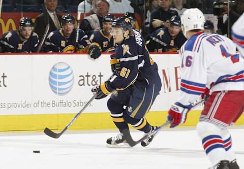 BUFFALO – APRIL 25: Maxim Afinogenov #61 of the Buffalo Sabres skates with the puck against the New York Rangers in Game 1 of the Eastern Conference Semifinals during the 2007 NHL Stanley Cup Playoffs on April 25, 2007 at HSBC Arena in Buffalo, New York. The Sabres beat the Rangers 5-2. (Photo by: Rick Stewart/Getty Images)