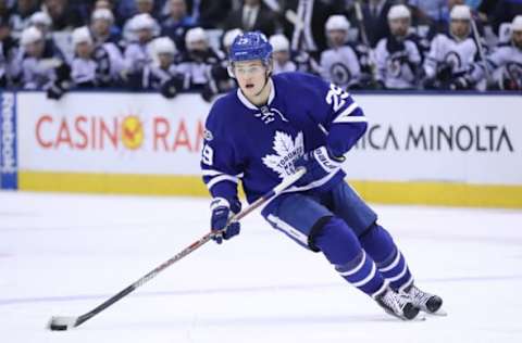 Feb 21, 2017; Toronto, Ontario, CAN; Toronto Maple Leafs center William Nylander (29) skates with the puck against the Winnipeg Jets at Air Canada Centre. The Maple Leafs beat the Jets 5-4 in overtime. Mandatory Credit: Tom Szczerbowski-USA TODAY Sports