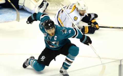 SAN JOSE, CA – MAY 01: Joe Pavelski #8 of the San Jose Sharks celebrates after scoring a goal against the Nashville Predators in Game Two of the Western Conference Second Round during the 2016 NHL Stanley Cup Playoffs. The Sharks won the game 3-2. at SAP Center on May 1, 2016 in San Jose, California. (Photo by Thearon W. Henderson/Getty Images)