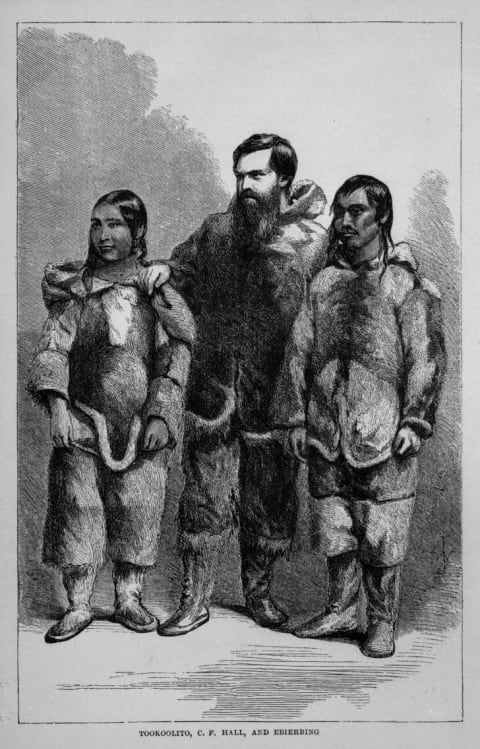 This 19th-century engraving shows American explorer Charles Francis Hall (center) with Taqulittuq (Tookoolito, left) and Ipirvik (Ebierbing, right).