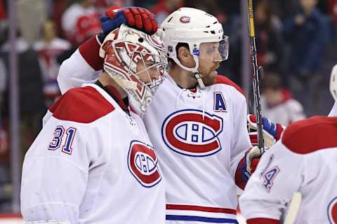 Dec 17, 2016; Washington, DC, USA; Montreal Canadiens goalie Carey Price (31) celebrates with Canadiens defenseman Shea Weber (6) after their game against the Washington Capitals at Verizon Center. The Canadiens won 2-1. Mandatory Credit: Geoff Burke-USA TODAY Sports