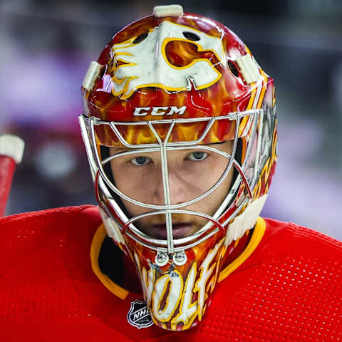 Sep 25, 2023; Calgary, Alberta, CAN; Calgary Flames goalie Dustin Wolf (32) during the first period against the Seattle Kraken at Scotiabank Saddledome. Mandatory Credit: Sergei Belski-USA TODAY Sports