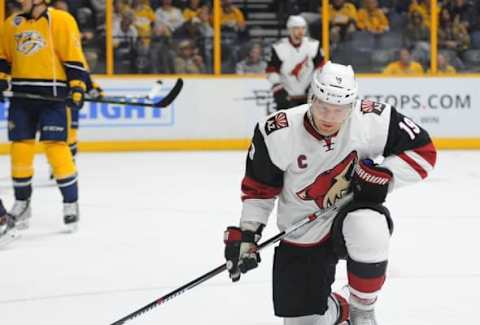 Apr 7, 2016; Nashville, TN, USA; Arizona Coyotes right winger Shane Doan (19) after scoring during the second period against the Nashville Predators at Bridgestone Arena. Mandatory Credit: Christopher Hanewinckel-USA TODAY Sports