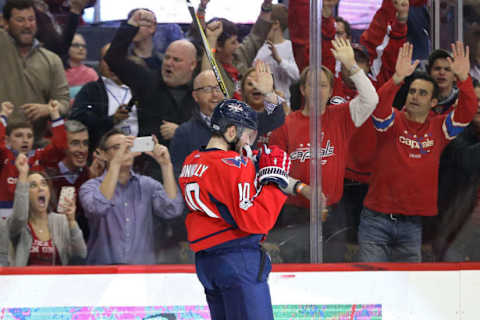 Feb 7, 2017; Washington, DC, USA; Washington Capitals right wing Brett Connolly (10) celebrates after scoring a goal against the Carolina Hurricanes in the first period at Verizon Center. Mandatory Credit: Geoff Burke-USA TODAY Sports