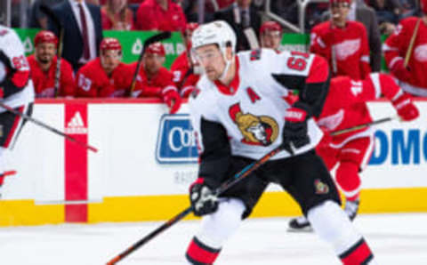 DETROIT, MI – FEBRUARY 14: Mark Stone #61 of the Ottawa Senators skates up ice with the puck against the Detroit Red Wings during an NHL game at Little Caesars Arena on February 14, 2019 in Detroit, Michigan. Detroit defeated Ottawa 3-2. (Photo by Dave Reginek/NHLI via Getty Images)