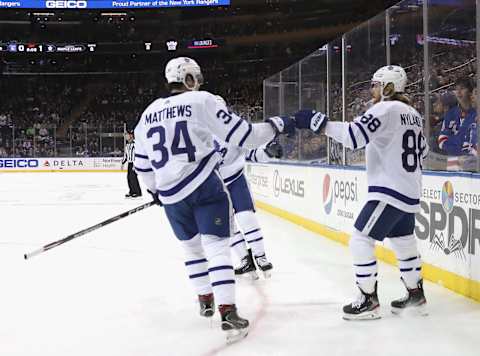 NEW YORK, NEW YORK – DECEMBER 20: Auston Matthews #34 and William Nylander  (Photo by Bruce Bennett/Getty Images)