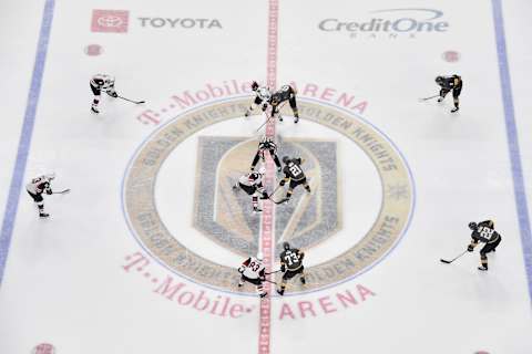 LAS VEGAS, NV – APRIL 04: Cody Eakin #21 of the Vegas Golden Knights faces off with Nick Cousins #25 of the Arizona Coyotes during the first period at T-Mobile Arena on April 4, 2019 in Las Vegas, Nevada. (Photo by David Becker/NHLI via Getty Images)