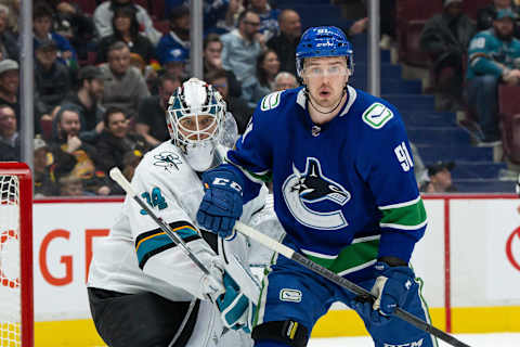 Apr 9, 2022; Vancouver, British Columbia, CAN; San Jose Sharks goaltender Kaapo Kahkonen (34) and Vancouver Canucks right wing Juho Lammikko (91) watch the play during the third period at Rogers Arena. Vancouver won 4-2. Mandatory Credit: Derek Cain-USA TODAY Sports