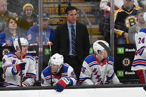 BOSTON, MA – JANUARY 19: Head Coach David Quinn of the New York Rangers watches the third period against the Boston Bruins at the TD Garden on January 19, 2019 in Boston, Massachusetts. (Photo by Steve Babineau/NHLI via Getty Images)