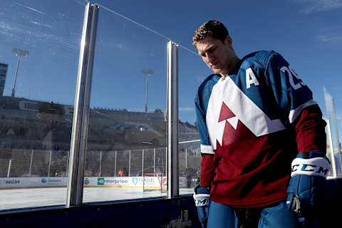 COLORADO SPRINGS, COLORADO – FEBRUARY 14: Nathan MacKinnon #29 of the Colorado Avalanche walks to the ice for practice prior to the 2020 NHL Stadium Series game against the Los Angeles Kings at Falcon Stadium on February 14, 2020 in Colorado Springs, Colorado. (Photo by Matthew Stockman/Getty Images)