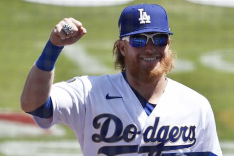 Apr 9, 2021; Los Angeles, California, USA; Los Angeles Dodgers third baseman Justin Turner (10) walks off the field after receiving his championship ring during the 2020 World Series Championship ceremony at Dodger Stadium. Mandatory Credit: Kelvin Kuo-USA TODAY Sports