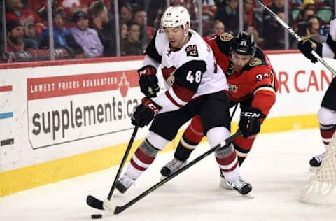 Mar 11, 2016; Calgary, Alberta, CAN; Arizona Coyotes left wing Jordan Martinook (48) and defenseman Jakub Nakladal (33) battle for the puck in the first period at Scotiabank Saddledome. Mandatory Credit: Candice Ward-USA TODAY Sports