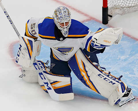 St. Louis Blues goaltender Jordan Binnington (50) makes a saveMandatory Credit: Perry Nelson-USA TODAY Sports