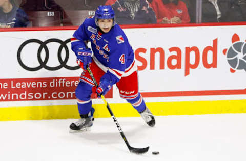 WINDSOR, ON – SEPTEMBER 29: Forward Joseph Garreffa #4 of the Kitchener Rangers moves the puck against the Windsor Spitfires on September 29, 2018 at the WFCU Centre in Windsor, Ontario, Canada. (Photo by Dennis Pajot/Getty Images)