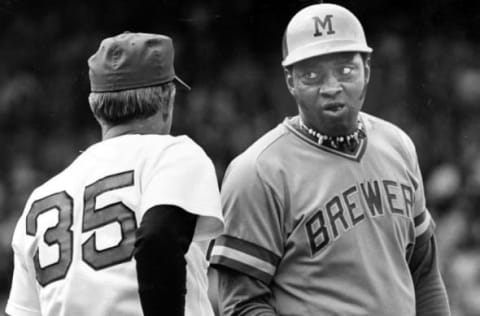 BOSTON, MA – MAY 16: Milwaukee Brewers George Scott, right, chats with Boston Red Sox coach Johnny Pesky, left, during a game at Fenway Park in Boston, May 16, 1976. (Photo by George Rizer/The Boston Globe via Getty Images)