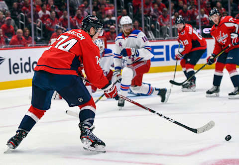 WASHINGTON, DC – OCTOBER 18: Washington Capitals defenseman John Carlson (74) fires a first period shot against the New York Rangers on October 18, 2019, at the Capital One Arena in Washington, D.C. (Photo by Mark Goldman/Icon Sportswire via Getty Images)