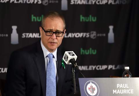 WINNIPEG, MB – MAY 20: Head Coach Paul Maurice of the Winnipeg Jets takes part in the post-game press conference following a 2-1 loss to the Vegas Golden Knights in Game Five of the Western Conference Final during the 2018 NHL Stanley Cup Playoffs at the Bell MTS Place on May 20, 2018 in Winnipeg, Manitoba, Canada. The Knights win the series 4-1. (Photo by Darcy Finley/NHLI via Getty Images)