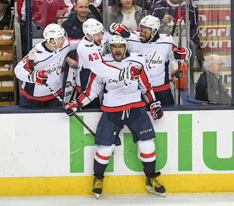 COLUMBUS, OH – APRIL 23:Washington Capitals left wing Alex Ovechkin (8) is greeted after scoring his second goal of second period against the Columbus Blue Jackets during Game 6 of the First Round of the Stanley Cup Playoffs at Nationwide Arena on Monday, April 23, 2018. (Photo by Toni L. Sandys/The Washington Post via Getty Images)