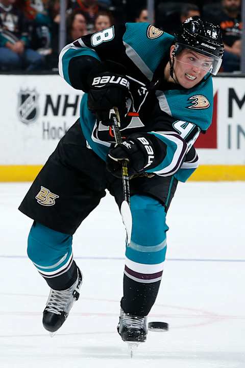 ANAHEIM, CA – OCTOBER 8: Isac Lundestrom #48 of the Anaheim Ducks dumps the puck during the game against the Detroit Red Wings on October 8, 2018, at Honda Center in Anaheim, California. (Photo by Debora Robinson/NHLI via Getty Images)