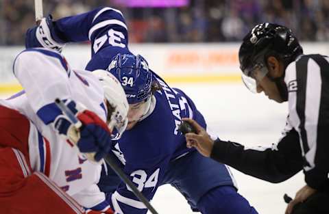 TORONTO, ON- DECEMBER 28 – Toronto Maple Leafs center Auston Matthews (34) face-off against New York Rangers center Filip Chytil (72) as the Toronto Maple Leafs play the New York Rangers at Rogers Centre in Toronto. December 28, 2019. (Steve Russell/Toronto Star via Getty Images)