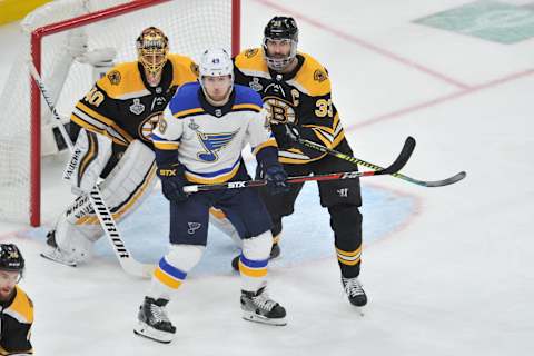 BOSTON, MA – JUNE 12: St. Louis Blues center Ivan Barbashev (49) truest get position on Boston Bruins defenseman Zdeno Chara (33) in front of the net. During Game 7 of the Stanley Cup Finals featuring the St. Louis Blues against the Boston Bruins on June 12, 2019 at TD Garden in Boston, MA. (Photo by Michael Tureski/Icon Sportswire via Getty Images)