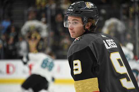 LAS VEGAS, NEVADA – OCTOBER 02: Cody Glass #9 of the Vegas Golden Knights warms up prior to a game against the San Jose Sharks at T-Mobile Arena on October 02, 2019 in Las Vegas, Nevada. (Photo by David Becker/NHLI via Getty Images)