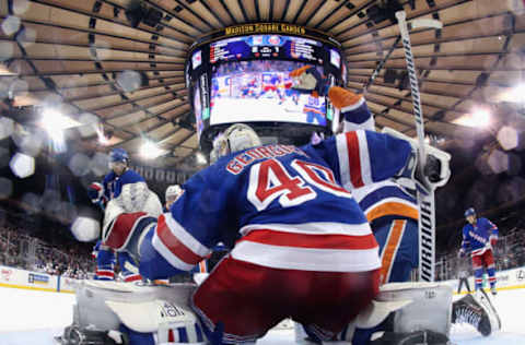 Alexandar Georgiev #40 of the New York Rangers tends net against the New York Islanders