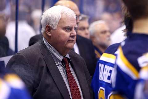 Nov 9, 2016; St. Louis, MO, USA; St. Louis Blues Head Coach Ken Hitchcock looks on from the bench during the first period against the Chicago Blackhawks at Scottrade Center. Mandatory Credit: Billy Hurst-USA TODAY Sports