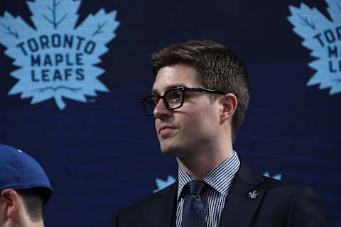 DALLAS, TX – JUNE 22: General manager Kyle Dubas of the Toronto Maple Leafs looks on during the first round of the 2018 NHL Draft at American Airlines Center on June 22, 2018 in Dallas, Texas. (Photo by Bruce Bennett/Getty Images)