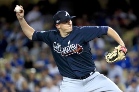 LOS ANGELES, CA – OCTOBER 04: Brad Brach #46 of the Atlanta Braves delivers the pitch against the Los Angeles Dodgers during the seventh inning during Game One of the National League Division Series at Dodger Stadium on October 4, 2018 in Los Angeles, California. (Photo by Sean M. Haffey/Getty Images)