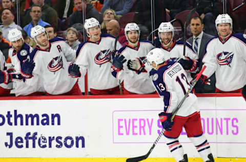 Mar 13, 2017; Philadelphia, PA, USA; Columbus Blue Jackets right wing Cam Atkinson (13) celebrates his goal against the Philadelphia Flyers during the first period at Wells Fargo Center. Mandatory Credit: Eric Hartline-USA TODAY Sports