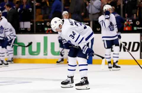 BOSTON, MA – APRIL 25: A dejected Toronto Maple Leafs center Auston Matthews (34) after Game 7 of the First Round for the 2018 Stanley Cup Playoffs between the Boston Bruins and the Toronto Maple Leafs on April 25, 2018, at TD Garden in Boston, Massachusetts. The Bruins defeated the Maple Leafs 7-4. (Photo by Fred Kfoury III/Icon Sportswire via Getty Images)