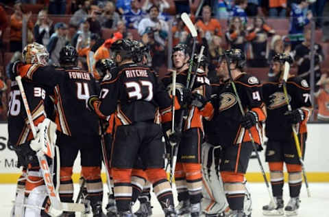 NHL Team Name Origins: Anaheim Ducks goalie John Gibson (36) and the Ducks celebrate the 4-2 victory against the Vancouver Canucks at Honda Center. Mandatory Credit: Gary A. Vasquez-USA TODAY Sports