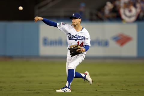 LOS ANGELES, CA – OCTOBER 15: Enrique Hernandez #14 of the Los Angeles Dodgers fields the ball during Game 3 of the NLCS against the Milwaukee Brewers at Dodger Stadium on Monday, October 15, 2018 in Los Angeles, California. (Photo by Rob Leiter/MLB Photos via Getty Images)