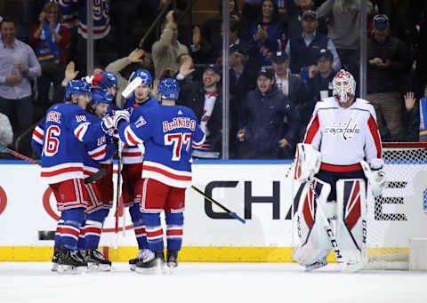 NEW YORK, NEW YORK – MARCH 05: The New York Rangers celebrate a power-play goal by Mika Zibanejad #93 against Ilya Samsonov #30 of the Washington Capitals at 9:01 of the first period at Madison Square Garden on March 05, 2020 in New York City. (Photo by Bruce Bennett/Getty Images)