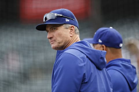 Oct 8, 2021; San Francisco, California, USA; Los Angeles Dodgers bench coach Bob Geren (88) watches batting practice before game one of the 2021 NLDS at Oracle Park. Mandatory Credit: D. Ross Cameron-USA TODAY Sports