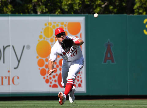 ANAHEIM, CA – JULY 21: Mike Trout #27 of the Los Angeles Angels of Anaheim makes a play in the game against the Houston Astros at Angel Stadium on July 21, 2018 in Anaheim, California. (Photo by Jayne Kamin-Oncea/Getty Images)