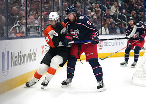 COLUMBUS, OHIO – OCTOBER 12: Garnet Hathaway #19 of the Philadelphia Flyers and Ivan Provorov #9 of the Columbus Blue Jackets battle for position during the third period at Nationwide Arena on October 12, 2023 in Columbus, Ohio. (Photo by Jason Mowry/Getty Images)