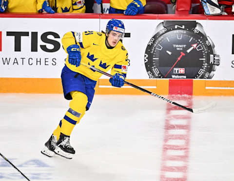 HALIFAX, CANADA – JANUARY 04: Leo Carlsson #21 of Team Sweden skates during the third period against Team Czech Republic in the semifinal round of the 2023 IIHF World Junior Championship at Scotiabank Centre on January 4, 2023 in Halifax, Nova Scotia, Canada. Team Czech Republic defeated Team Sweden 2-1 in overtime. (Photo by Minas Panagiotakis/Getty Images)