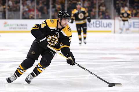 BOSTON, MASSACHUSETTS – OCTOBER 17: Jake DeBrusk, #74 of the Boston Bruins, skates against the Florida Panthers during the first period at TD Garden on October 17, 2022, in Boston, Massachusetts. (Photo by Maddie Meyer/Getty Images)