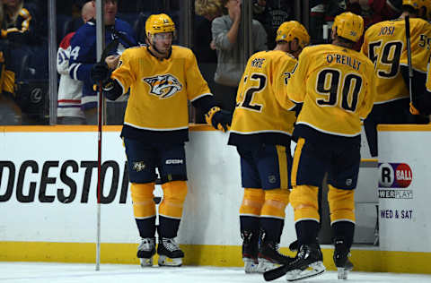 Nov 30, 2023; Nashville, Tennessee, USA; Nashville Predators center Colton Sissons (10) waits to leave the ice after a loss against the Minnesota Wild at Bridgestone Arena. Mandatory Credit: Christopher Hanewinckel-USA TODAY Sports