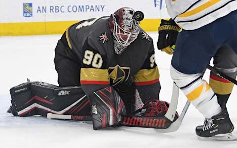 Robin Lehner #90 of the Vegas Golden Knights makes a save against the Buffalo Sabres. (Photo by Ethan Miller/Getty Images)