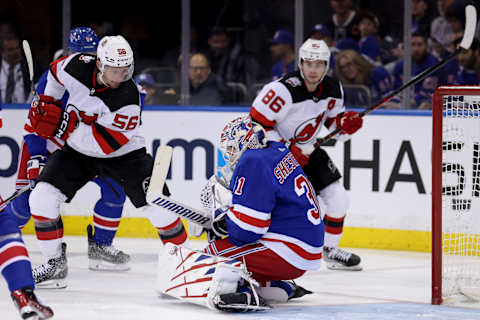 New Jersey Devils left wing Erik Haula (56) and center Jack Hughes (86): Brad Penner-USA TODAY Sports