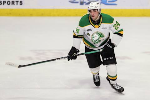 WINDSOR, ONTARIO – MARCH 02: Defenceman Logan Mailloux #24 of the London Knights skates against the Windsor Spitfires at the WFCU Centre on March 2, 2023 in Windsor, Ontario, Canada. (Photo by Dennis Pajot/Getty Images)