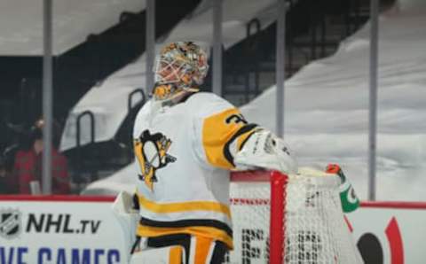 PHILADELPHIA, PA – JANUARY 15: Tristan Jarry #35 of the Pittsburgh Penguins looks on against the Philadelphia Flyers at the Wells Fargo Center on January 15, 2021 in Philadelphia, Pennsylvania. The Flyers defeated the Penguins 5-2. (Photo by Mitchell Leff/Getty Images)