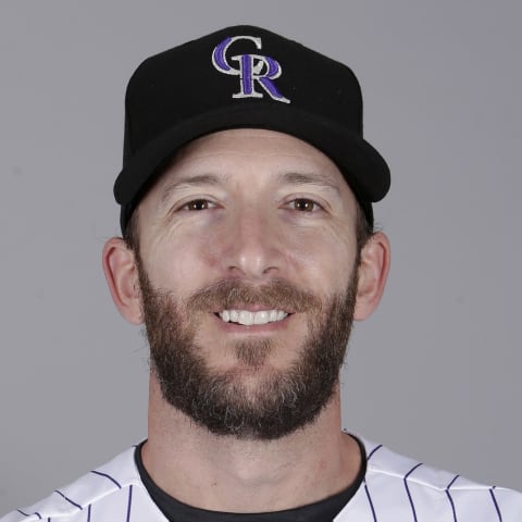 Feb 23, 2017; Scottsdale, AZ, USA; Colorado Rockies outfielder Chris Denorfia (15) poses for photos during photo day at Salt River Fields at Talking Stick. Mandatory Credit: Rick Scuteri-USA TODAY Sports