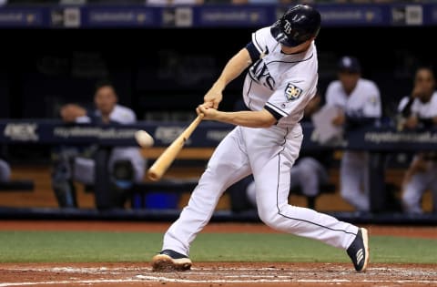 ST PETERSBURG, FL – AUGUST 23: Joey Wendle #18 of the Tampa Bay Rays hits a sac fly RBI in the third inning during a game against the Kansas City Royals at Tropicana Field on August 23, 2018 in St Petersburg, Florida. (Photo by Mike Ehrmann/Getty Images)