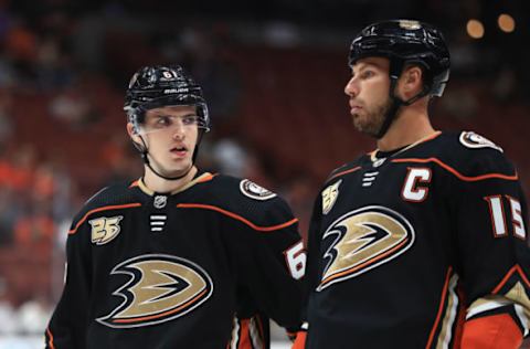 ANAHEIM, CA – SEPTEMBER 24: Troy Terry #61 talks with Ryan Getzlaf #15 of the Anaheim Ducks during the first period of an NHL preseason game against the Arizona Coyotes at Honda Center on September 24, 2018, in Anaheim, California. (Photo by Sean M. Haffey/Getty Images)