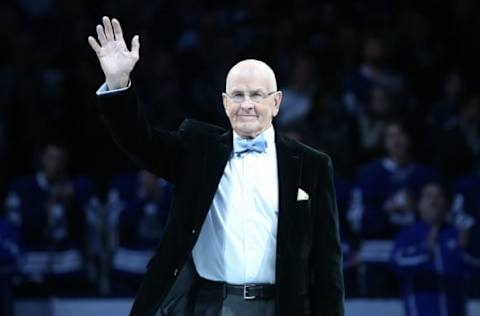 Jan 23, 2016; Toronto, Ontario, CAN; Toronto Maple Leafs former player Dave Keon (14) acknowledges the fans during a ceremony honoring his career prior to the start of the game against the Montreal Canadiens at Air Canada Centre. The Canadiens beat the Maple Leafs 3-2. Mandatory Credit: Tom Szczerbowski-USA TODAY Sports