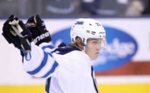 Feb 21, 2017; Toronto, Ontario, CAN; Winnipeg Jets right wing Patrik Laine (29) warms up before playing against the Toronto Maple Leafs at Air Canada Centre. Mandatory Credit: Tom Szczerbowski-USA TODAY Sports